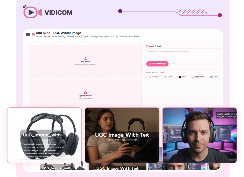 Vidicom UGC avatar image generator with multiple AI model options